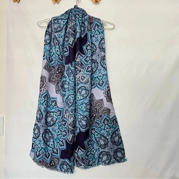 Chico's Oblong Scarf Mosaics Prints Purple/Blue Multicolor Lightweight 72" X 13" - Picture 3 of 4
